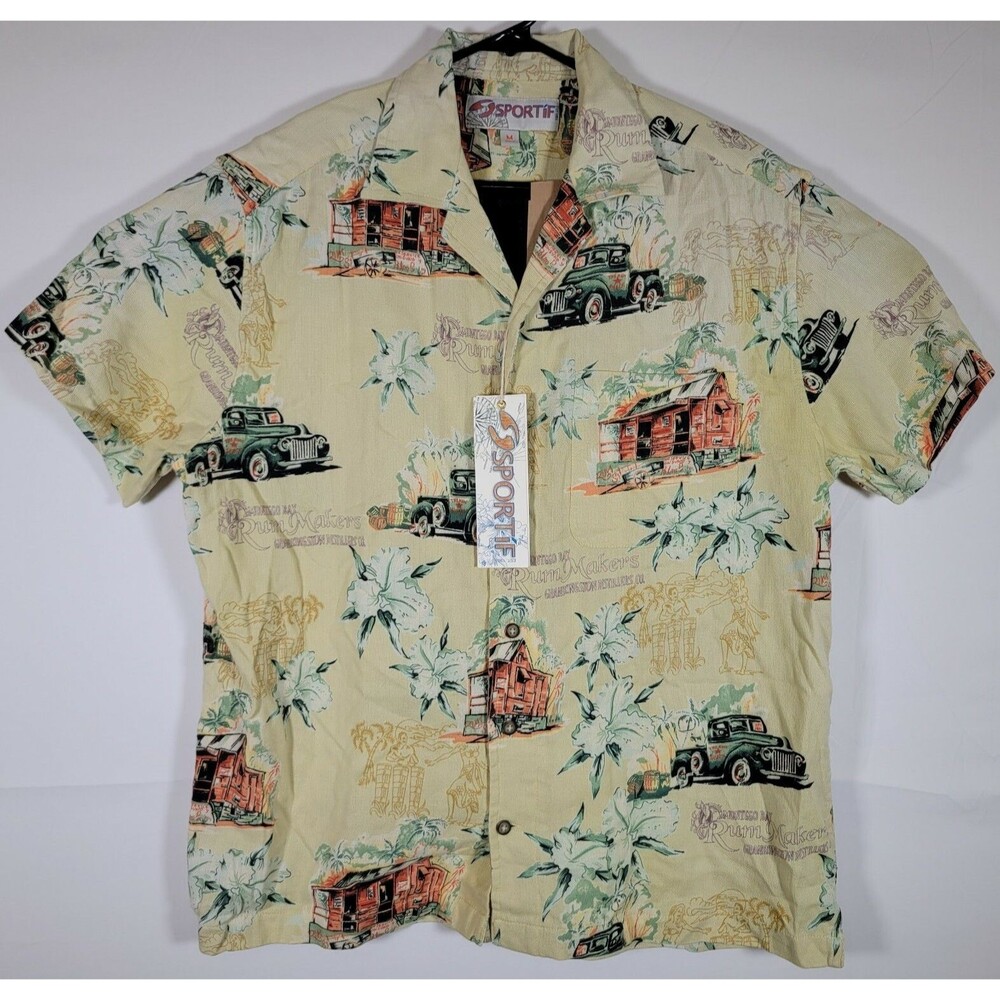 VTG New Sportif Hawaiian Polo Shirt Charlies Beach Shack Rum Montego Bay Button